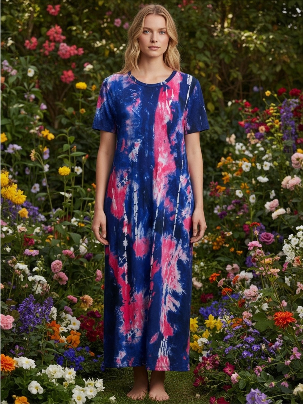 Tie-Dye Navy and Pink Short-Sleeve Maxi Dress